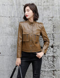 Women's Genuine Sheepskin Stand Collar Korean Fashion Luxury Slim Fit Outwear Leather Jacket ll Brown Hide Crafts