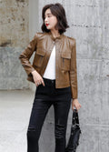 Women's Genuine Sheepskin Stand Collar Korean Fashion Luxury Slim Fit Outwear Leather Jacket ll Brown Hide Crafts