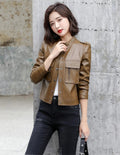 Women's Genuine Sheepskin Stand Collar Korean Fashion Luxury Slim Fit Outwear Leather Jacket ll Brown Hide Crafts
