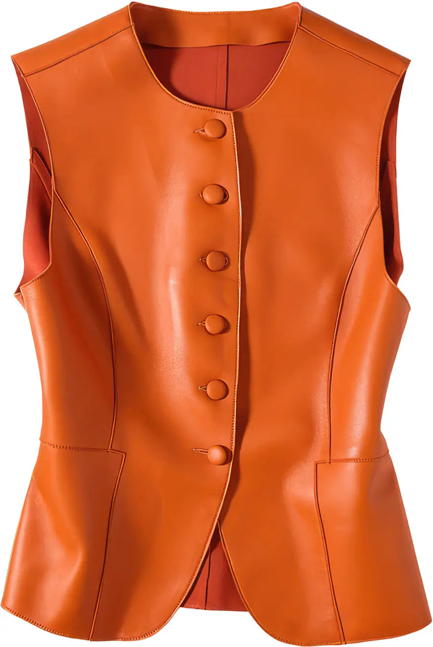 Women's Orange Genuine Sheepskin Round Neck Sleeveless Leather Vest Hide Crafts