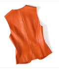 Women's Orange Genuine Sheepskin Round Neck Sleeveless Leather Vest Hide Crafts