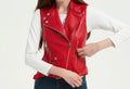 Women’s Red Racer Genuine Leather Stand Collar Sleeveless Vest ll Casual Café ll Racer Asymmetric Biker Leather Waistcoat Hide Crafts