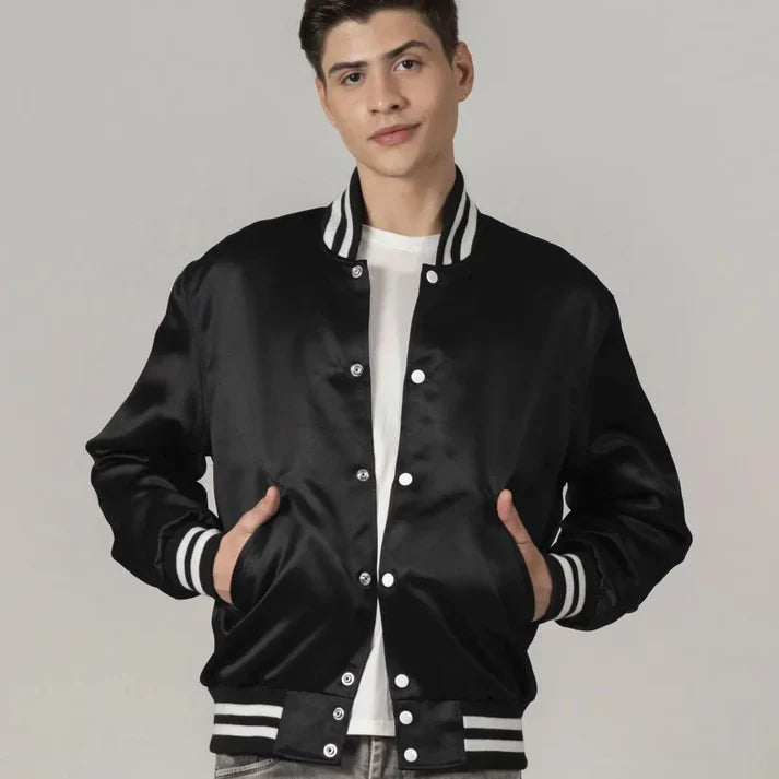 Men's Black Satin Varsity Jacket