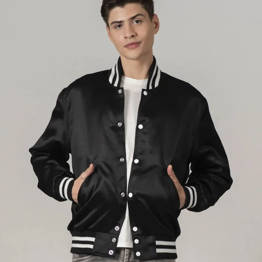 Men's Black Satin Varsity Jacket FREE SHIPPING