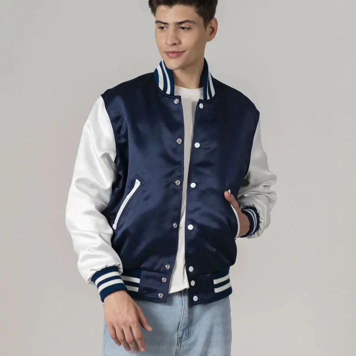 Men's Navy Blue Satin Jacket With White Sleeves