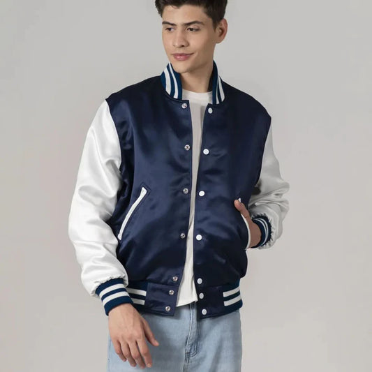 Men's Navy Blue Satin Jacket With White Sleeves FREE SHIPPING