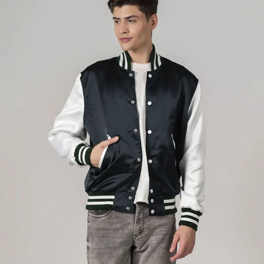 Men's Green Blue Satin Jacket With White Sleeves FREE SHIPPING