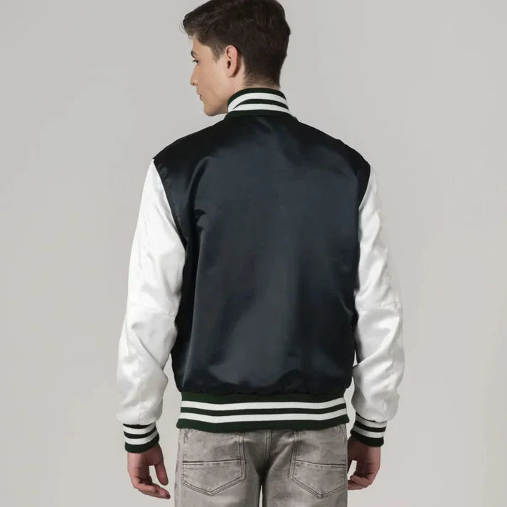 Men's Green Blue Satin Jacket With White Sleeves
