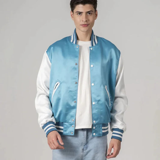Men's Light Sky Blue Satin Varsity Bomber Jacket With White Sleeves