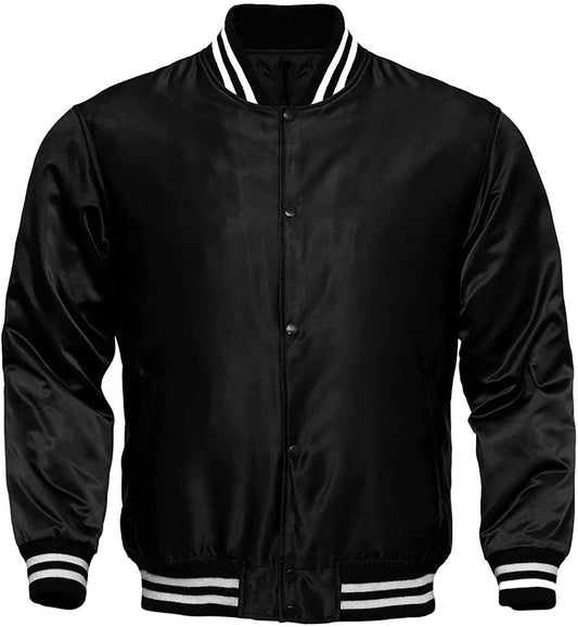 Men's Black Satin Jacket Bomber Style Baseball Letterman Varsity Jacket