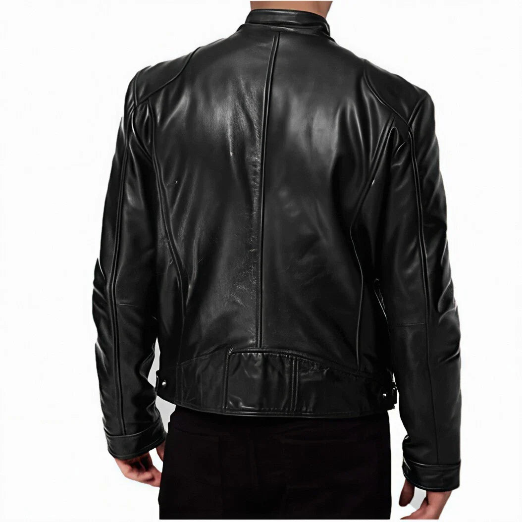 Cafe Racer Men's Leather Jacket Genuine Sheep Skin Motorcycle Biker Black Jacket