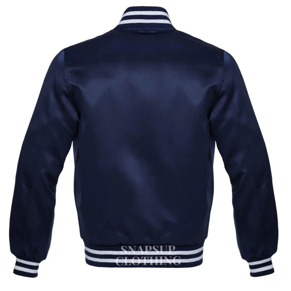 Men's Navy Blue Full-snap Satin Bomber Style Baseball Letterman Varsity Jacket