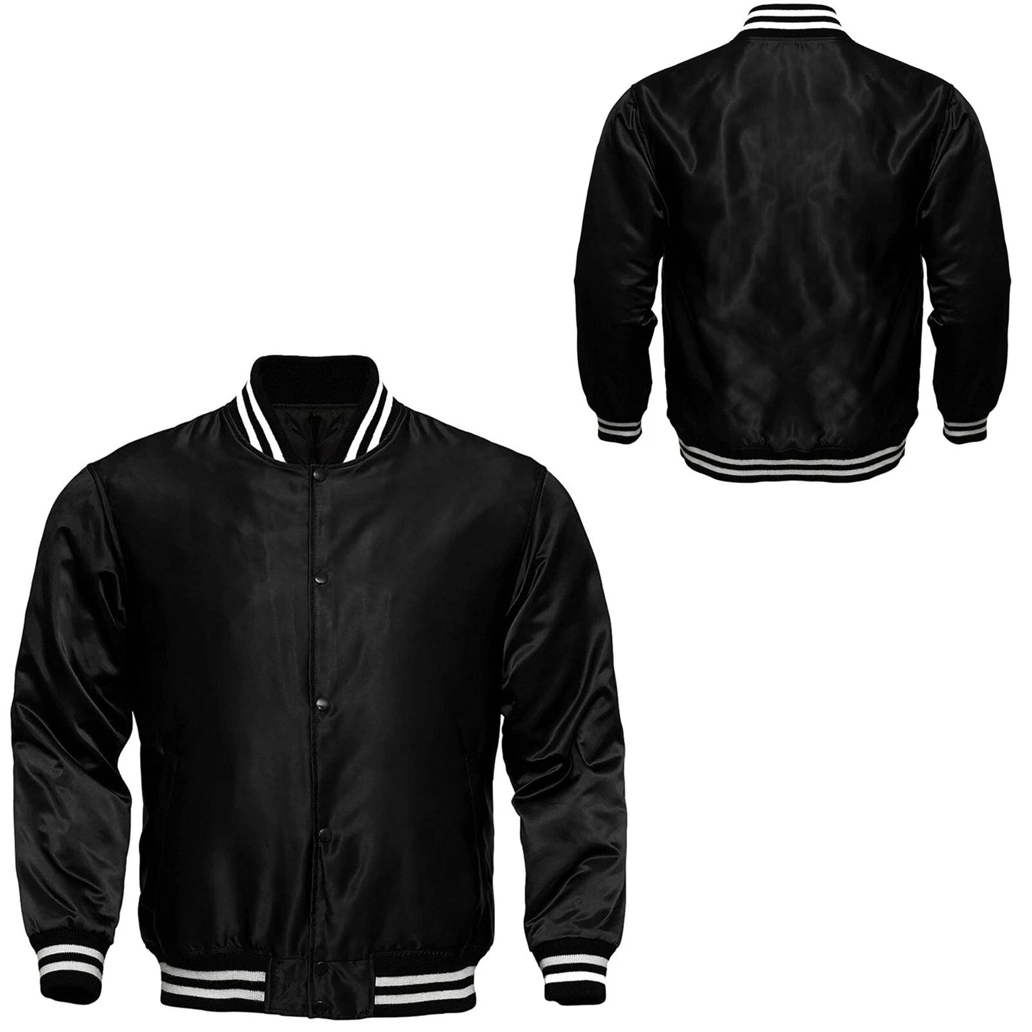 Men's Black Satin Jacket Bomber Style Baseball Letterman Varsity Jacket