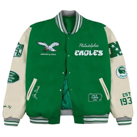 Philadelphia Eagles GOLF WANG Kelly Green Letterman Wool Jacket with leather arms