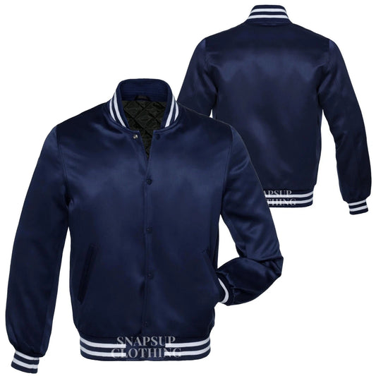 Men's Navy Blue Full-snap Satin Bomber Style Baseball Letterman Varsity Jacket