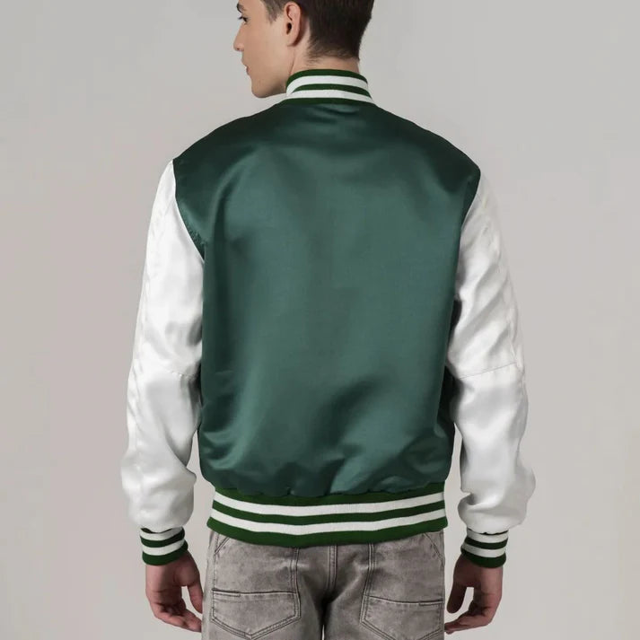 Men'sGreen Satin Varsity Bomber Jacket With White Sleeves