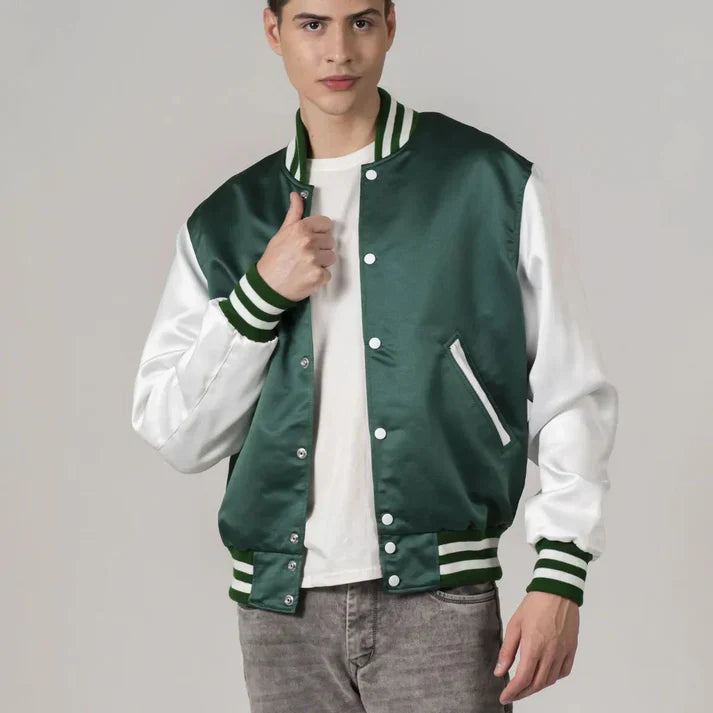 Men's Green Satin Varsity Bomber Jacket With White Sleeves