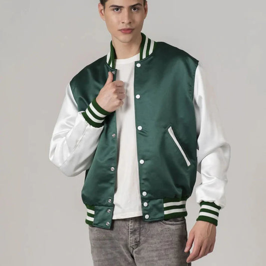 Men'sGreen Satin Varsity Bomber Jacket With White Sleeves