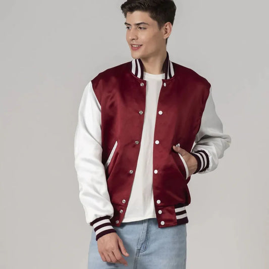 Men's Red Satin Varsity Bomber Jacket With White Sleeves